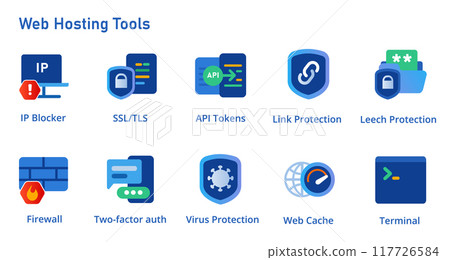 Web hosting tools icon set service from SSL IP blocker firewall API tokens web cache two factor authentication security tools blue element design 117726584