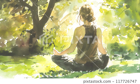 Watercolor illustration of a woman's back view meditating in the beautiful greenery of nature 117726747