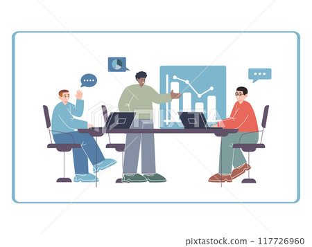discussion together three man working together men team-mate teamwork discuss brainstorming graph chart presentation explaining future plan 117726960