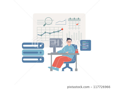 Analytics and data science expert character worker analyzing data chart modern computer research profession 117726966