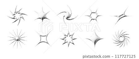 Black stippled stars collection. 3d dotted textured sparkles and flares set. Halftone grain noise twinkle shape bundle. Dot work grunge asterisks and stars elements for poster, banner, flyer. Vector Black stippled stars collection. 3d dotted textured sparkles and flares set. Halftone grain noise twinkle shape bundle. Dot work grunge asterisks and stars elements for poster, banner, flyer. Vector 117727125