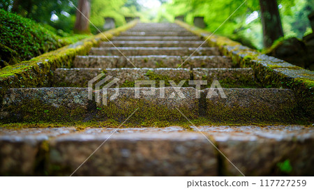 Image background of a long staircase leading up to a shrine 117727259