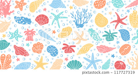 Bright vector background pattern with underwater marine life. Includes coral, seashells, and aquatic creatures. Perfect for kids designs, summer themes, and marine graphics. 117727319