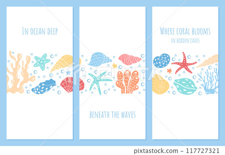 Explore ocean depths with blooming coral reefs flyer set. Featuring aquatic creatures and marine flora, the design showcases underwater sea life in a colorful, vibrant setting. Explore ocean depths with blooming coral reefs flyer set. Featuring aquatic creatures and marine flora, the design showcases underwater sea life in a colorful, vibrant setting. 117727321