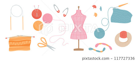 Knitting needles, colorful yarn balls, thread, and scissors collection. Mannequin, pins, and cute accessories for sewing and embroidery. Essential tailor tools for handmade crafting projects. 117727336