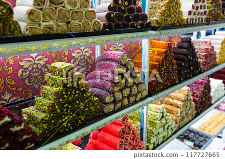 Turkish lokum with nougat, fruits and pistachios for sale Turkish lokum with nougat, fruits and pistachios for sale 117727665