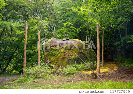 Yokoya Valley in Summer: Onbashira and Shrine, The World of Negative Ions, Chino City, Nagano Prefecture, Japan 117727969