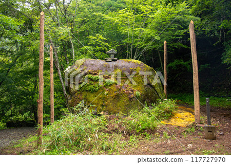 Yokoya Valley in Summer: Onbashira and Shrine, The World of Negative Ions, Chino City, Nagano Prefecture, Japan Yokoya Valley in Summer: Onbashira and Shrine, The World of Negative Ions, Chino City, Nagano Prefecture, Japan 117727970