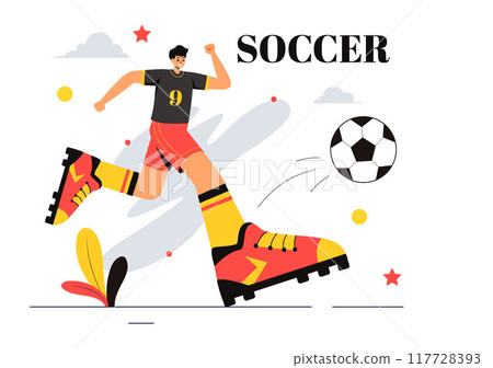 Soccer Vector Illustration featuring a Man Kicking a Soccer Ball on a Green Field for a Football League and Sports Match in a Flat Cartoon Background 117728393