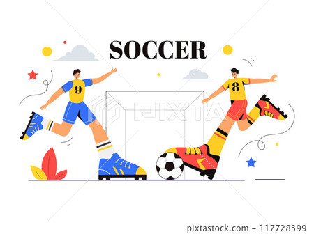 Soccer Vector Illustration featuring a Man Kicking a Soccer Ball on a Green Field for a Football League and Sports Match in a Flat Cartoon Background 117728399