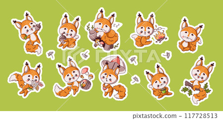 Squirrels enjoying life in various settings flat color vector images Squirrels enjoying life in various settings flat color vector images 117728513