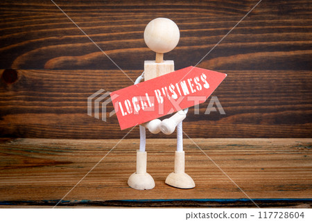 Local Business. Red pointing arrow with text. Miniature human figures Local Business. Red pointing arrow with text. Miniature human figures 117728604