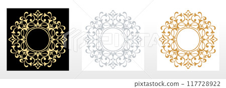 Set of decorative frames Elegant vector element for design in Eastern style, place for text. Floral black , golden and gray borders. Lace illustration for invitations and greeting cards 117728922