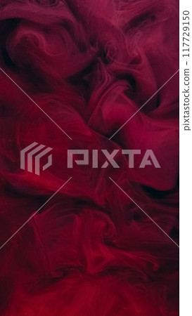 Smoke wave. Paint water splash. Defocused black red color glitter particles texture fume cloud floating on dark abstract art background. 117729150