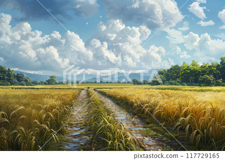 Golden wheat field at sunny day. Watercolor. AI Generated. 117729165