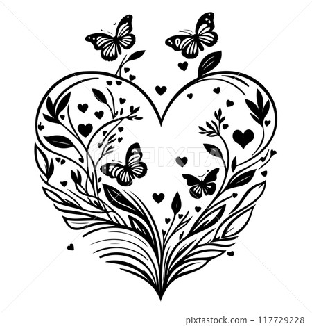 love heart flower butterfly valentine illustration element black 117729228