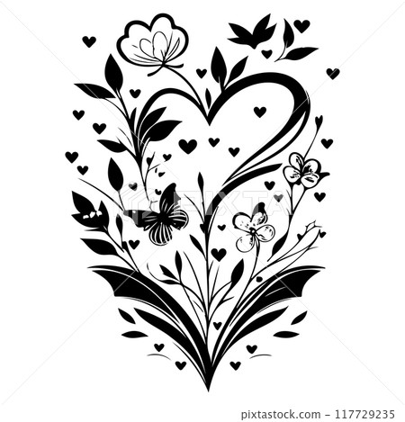 love heart flower butterfly valentine illustration element black 117729235