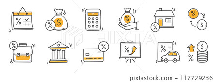Loan interest rate doodle icon set. Hand drawn sketch doodle line style bank money loan interest rate icon for house, car discount percentage concept. Trendy cute element. Vector 117729236