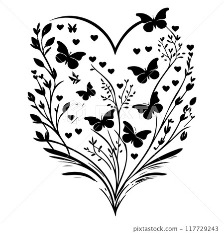 love heart flower butterfly valentine illustration element black 117729243