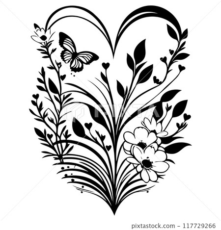 love heart flower butterfly valentine illustration element black 117729266