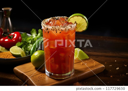 Spicy Bloody Mary Cocktail with Lime Garnish 117729630