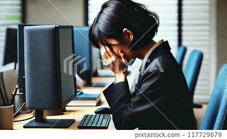 在電腦前抱著頭的女商人 117729879
