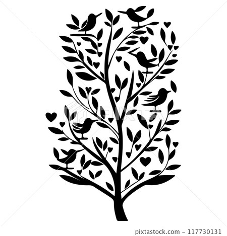 Valentine tree hearts and two birds illustration sketch element 117730131