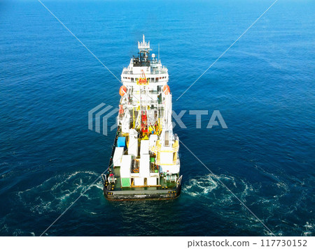 Aerial view of the salvage ship Poseidon 1 operating off the coast of Esashi, Hokkaido in summer 117730152