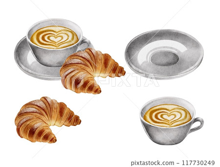 Coffee latte with croissant on white background Coffee latte with croissant on white background 117730249