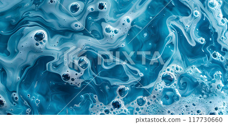A close up of azure liquid with electric blue bubbles, resembling a wind wave pattern. This fluid could be water or another aquatic organism, showcasing the beauty of science A close up of azure liquid with electric blue bubbles, resembling a wind wave pattern. This fluid could be water or another aquatic organism, showcasing the beauty of science 117730660