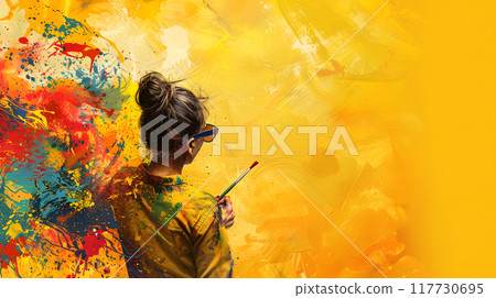 A young female artist wearing yellow is creating colorful abstract art on canvas, with vibrant splashes, showcasing her artistic expression and creativity in a studio setting 117730695