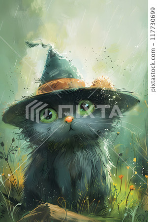 A Felidae with whiskers and a witch hat is perched on the grass. This carnivore resembles a small to mediumsized cat, contrasting with an owl in the background 117730699