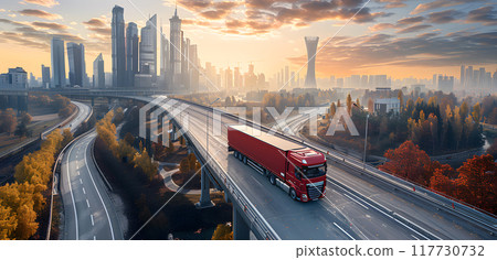 The dynamic image of a red truck on a bustling freeway, surrounded by autumn foliage and urban skyline against an active sky, symbolizes advancements and effectiveness in city transit The dynamic image of a red truck on a bustling freeway, surrounded by autumn foliage and urban skyline against an active sky, symbolizes advancements and effectiveness in city transit 117730732