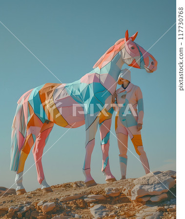 In a stunning desert setting, a man and a horse stand out in vibrant geometric costumes, creating a modern, colorful image filled with creative expressions and a touch of surrealism 117730768