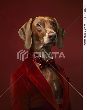 A charming brown dog looks elegant in a stylish red velvet suit and bow tie against a sophisticated red background, expressing class and luxury with a hint of fashionable trend 117730780