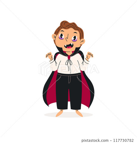 Funny boy in Halloween vampire costume. Baby boy dressed as a Dracula. Vector illustration. Happy and cute carnival kid. 117730782