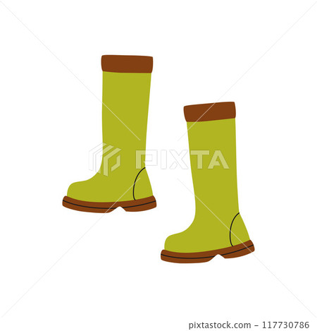 Bright green rubber gumboots, protective footwear. Protection and safety boots, waterproof shoes. Flat graphic vector illustration Bright green rubber gumboots, protective footwear. Protection and safety boots, waterproof shoes. Flat graphic vector illustration 117730786