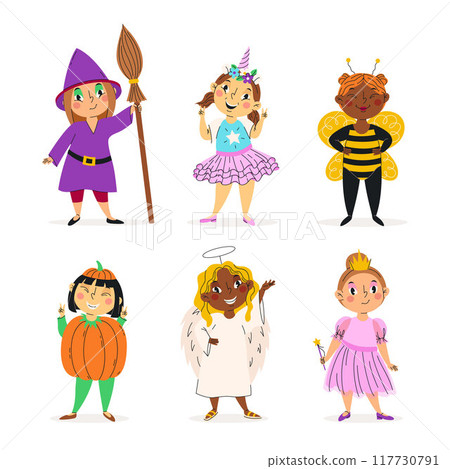 Set of funny girls in halloween costumes. Vector illustration. Happy and cute carnival kids. Witch, pumpkin and bee. Set of funny girls in halloween costumes. Vector illustration. Happy and cute carnival kids. Witch, pumpkin and bee. 117730791