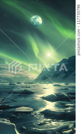 The Northern Lights create a mesmerizing spectacle in the starlit sky, illuminating the frozen landscape. This magical scene epitomizes the beauty and grandeur of nature at its peak 117730796