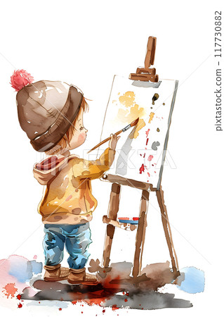 The young boy is creating a painting on a canvas mounted on an easel, using various colors of paint to express his creativity through visual arts 117730882