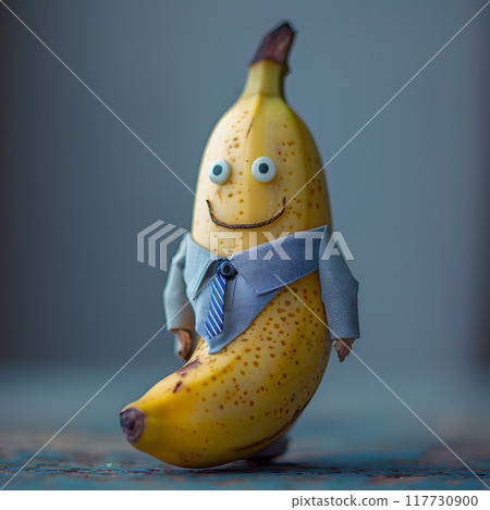 A toy banana dressed in a shirt and tie is happily smiling. It reminds us of a saba banana, a type of cooking plantain used to make delicious dishes that make us happy 117730900