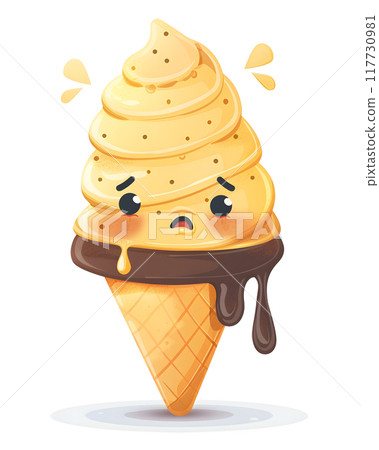 The sweet art depicts a cute ice cream cone melting sadly with dripping chocolate and worried expressions, making it perfect for summer design projects and illustrations The sweet art depicts a cute ice cream cone melting sadly with dripping chocolate and worried expressions, making it perfect for summer design projects and illustrations 117730981