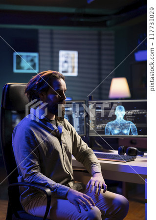 Computer engineer entering trance, receiving commands from artificial intelligence entity overlord. Unconscious programmer getting controlled by AI robot gaining superintelligence Computer engineer entering trance, receiving commands from artificial intelligence entity overlord. Unconscious programmer getting controlled by AI robot gaining superintelligence 117731029