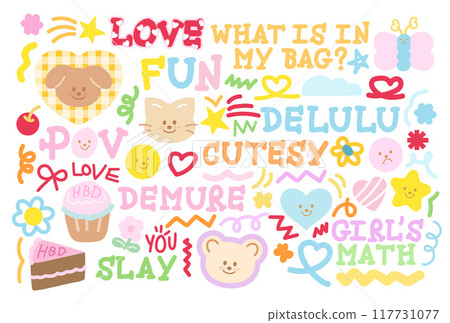 Cute illustrations of puppy, cat, teddy bear, birthday cake, cupcake, cherry, flower, heart, star, butterfly, text message for decoration, cute patches, animals, pet shop, vet, brooch, font, badges 117731077