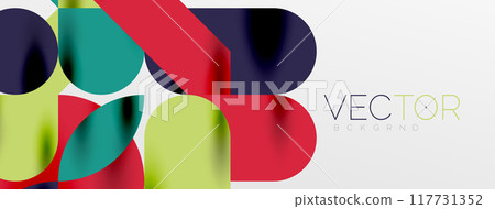 Mosaic geometric elements. Colorful circles, round geometric shapes and lines with shadow 3d effects. Simple forms abstract background for wallpaper, banner, template or landing Mosaic geometric elements. Colorful circles, round geometric shapes and lines with shadow 3d effects. Simple forms abstract background for wallpaper, banner, template or landing 117731352