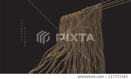 Noodles banner with brown and yellow ramen pattern on black background in vintage style. Wave abstract art illstration. Hand drawn line in elegant style. 117731365