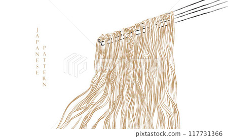 Noodles brush stroke banner with brown and yellow ramen pattern on black background in vintage style. Food abstract art illstration. Hand drawn line in Japanese syle 117731366