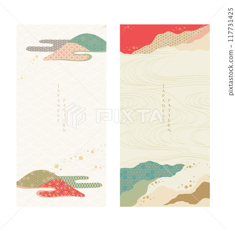 Japanese background with Asian traditional icon vector. Bonsai tree, wave pattern, bamboo and ribbon elements. Geometric pattern template in vintage style. 117731425