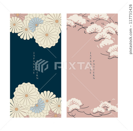 Japanese background with Asian traditional icon vector. Chrysanthemum flower and peony flower elements. Greeting template design pattern in vintage style. 117731426