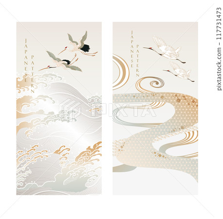 Japanese background with crane birds or herons element vector. Hand drawn wave and chinese cloud decorations in vintage style. 117731473
